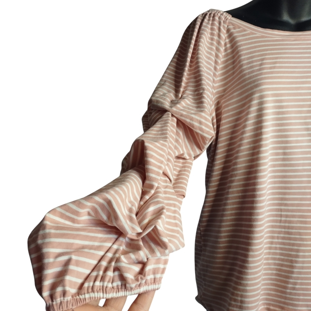Yissang Womens White Pink Striped Ruched Long Sleeve Blouse Stretch Sz XL NWT - Picture 4 of 6